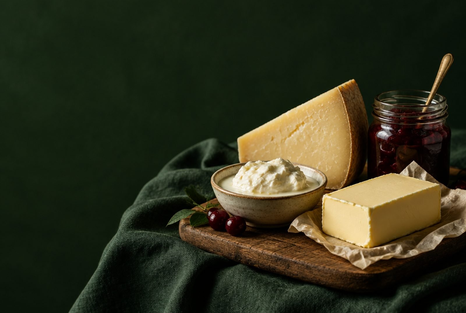 Ahşap tahta üzerinde kaşar peyniri, tereyağı, kaymak ve reçel