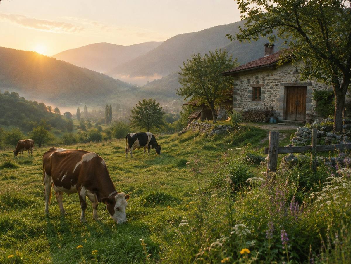 Bursa kırsalında sabah ışığında bir çiftlik evi ve otlayan inekler