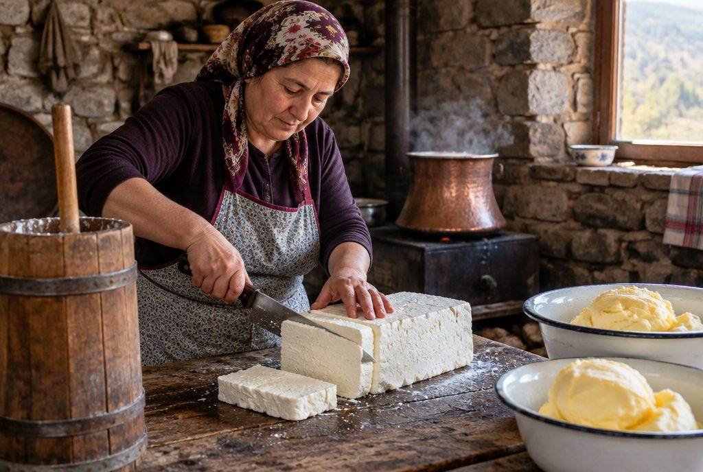 Köy mandırasında taze beyaz peynir kesen bir üretici, yanında yayık ve köy tereyağı